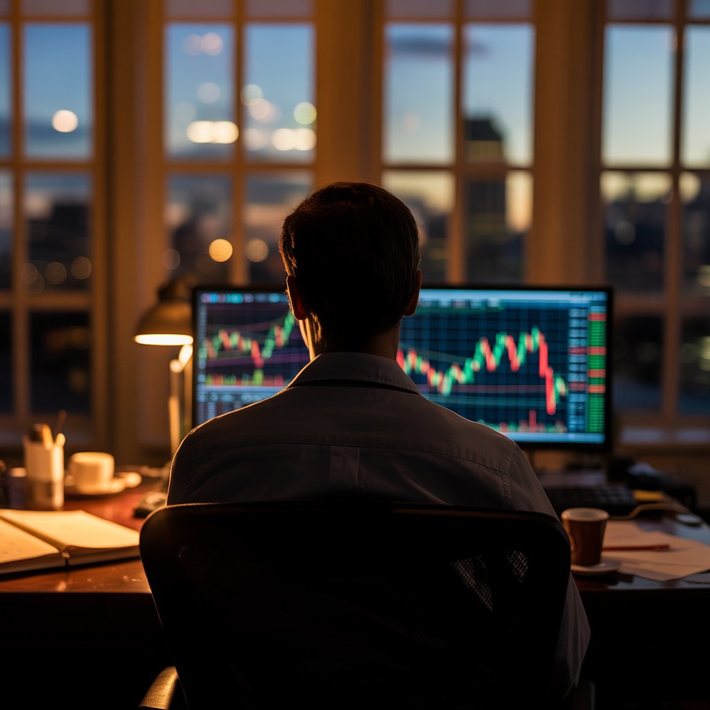 Trader analyzing COT charts at dusk